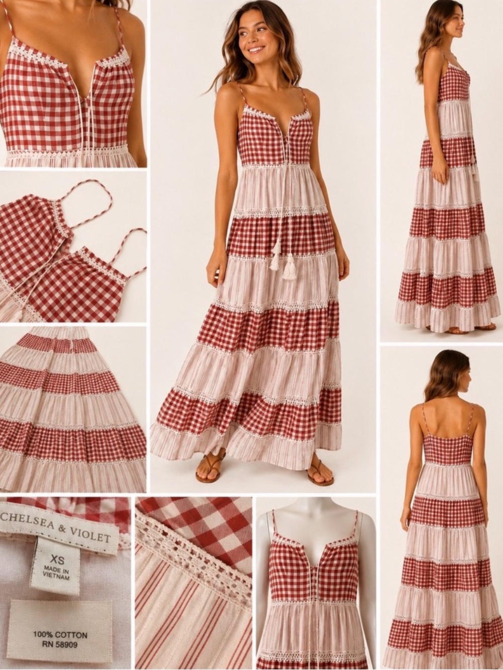 Chelsea & Violet Red Gingham Striped Tiered Maxi Dress XS Cotton Boho Tassel - Picture 2 of 7
